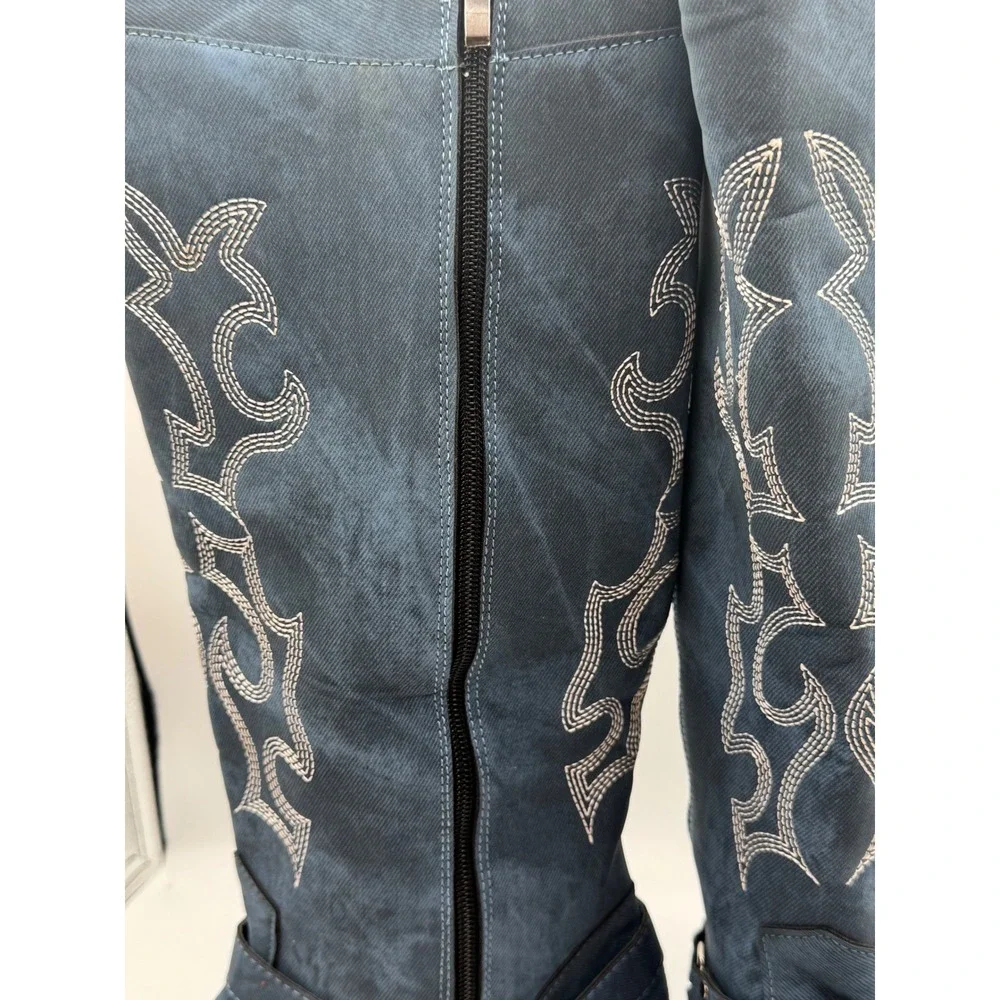 Blue Denim Embroidered Western Knee High Boots Harness Detail Tall Zip Up